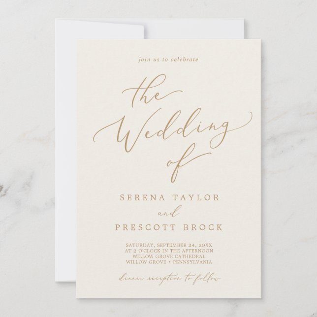 Delicate Gold and Cream Dinner Reception Wedding Invitation (Front)