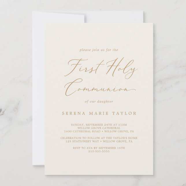 Delicate Gold and Cream First Holy Communion Invitation (Front)