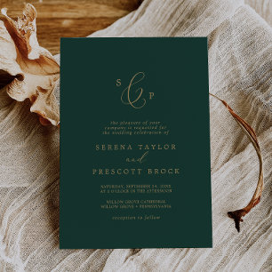 Delicate Gold and Green Formal Monogram Wedding Invitation
