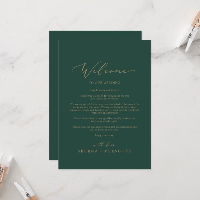 Delicate Gold and Green Welcome Letter & Itinerary (Front/Back In Situ)