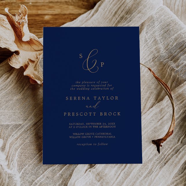 Delicate Gold and Navy Formal Monogram Wedding Invitation (Creator Uploaded)