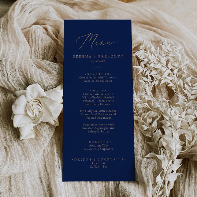Delicate Gold and Navy Printed or Printable Menu Invitation (Creator Uploaded)