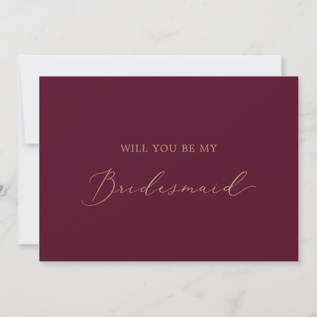 Delicate Gold Burgundy Bridesmaid Proposal Card (Front)