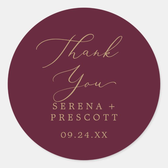 Delicate Gold Burgundy Thank You Favour Sticker (Front)
