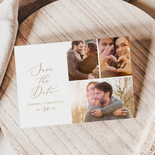 Delicate Gold Calligraphy 3 Photo Collage Save The Date