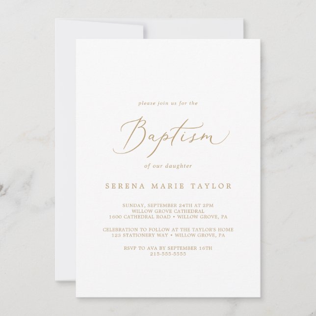 Delicate Gold Calligraphy Baptism Invitation (Front)