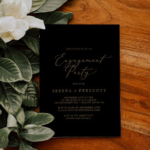 Delicate Gold Calligraphy   Black Engagement Party Invitation