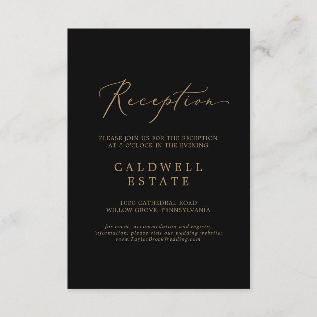 Delicate Gold Calligraphy | Black Reception Enclosure Card (Front)