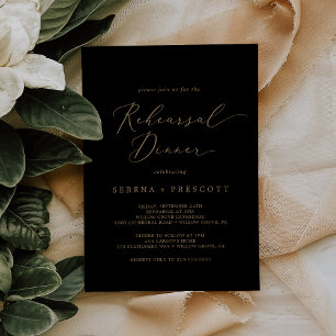 Delicate Gold Calligraphy   Black Rehearsal Dinner Invitation