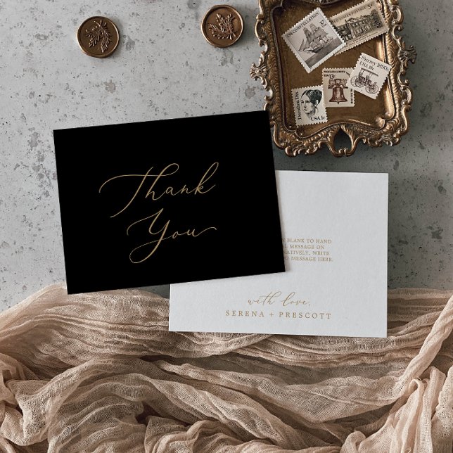 Delicate Gold Calligraphy | Black Thank You Card (Creator Uploaded)