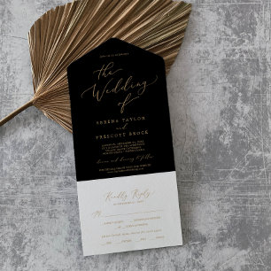 Delicate Gold Calligraphy   Black Wedding All In One Invitation
