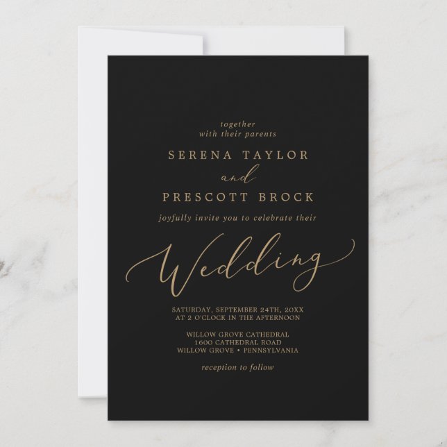 Delicate Gold Calligraphy | Black Wedding Invitation (Front)