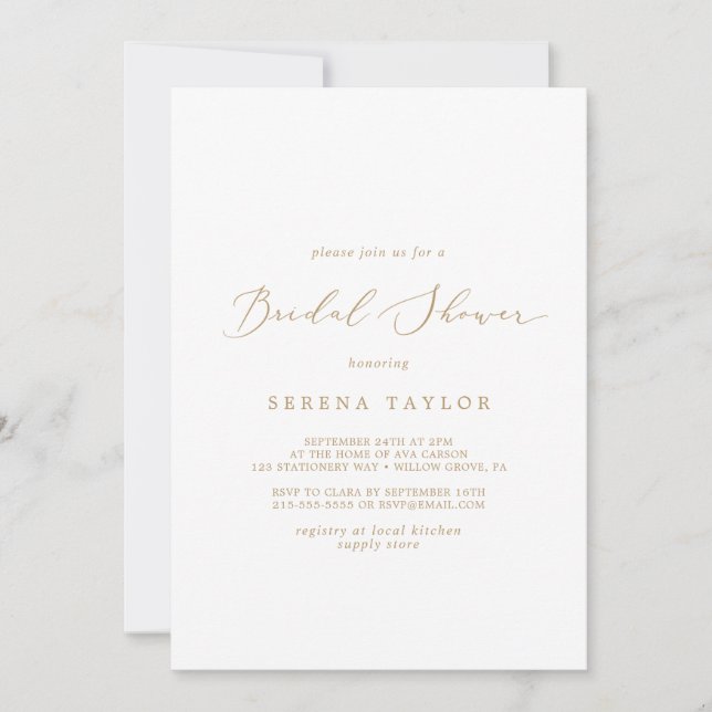 Delicate Gold Calligraphy Bridal Shower Invitation (Front)