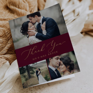 Delicate Gold Calligraphy Burgundy 3 Photo Collage Thank You Card