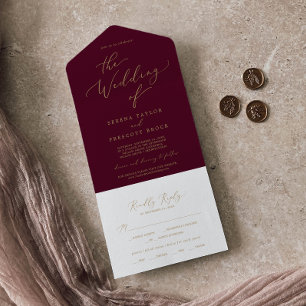 Delicate Gold Calligraphy Burgundy Wedding All In One Invitation
