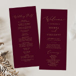 Delicate Gold Calligraphy | Burgundy Wedding Programme<br><div class="desc">This delicate gold calligraphy burgundy wedding party program is perfect for a modern wedding. The romantic minimalist design features lovely and elegant champagne golden yellow typography on a burgundy red background with a clean and simple look. Include the name of the bride and groom, the wedding date and location, thank...</div>