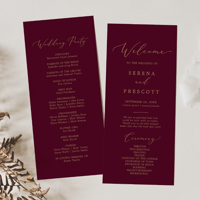 Delicate Gold Calligraphy | Burgundy Wedding Programme (Creator Uploaded)