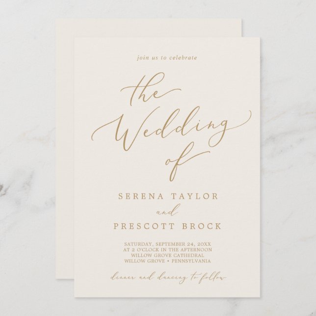 Delicate Gold Calligraphy Cream All In One Wedding Invitation (Front/Back)