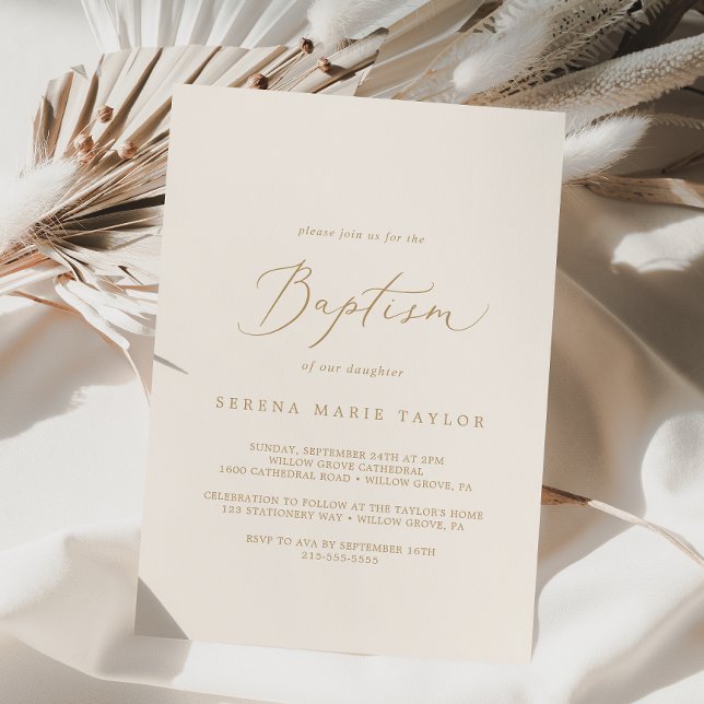 Delicate Gold Calligraphy | Cream Baptism Invitation (Creator Uploaded)
