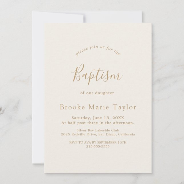 Delicate Gold Calligraphy Cream Baptism Invitation (Front)