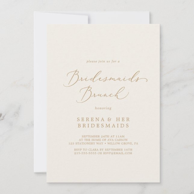 Delicate Gold Calligraphy Cream Bridesmaids Brunch Invitation (Front)