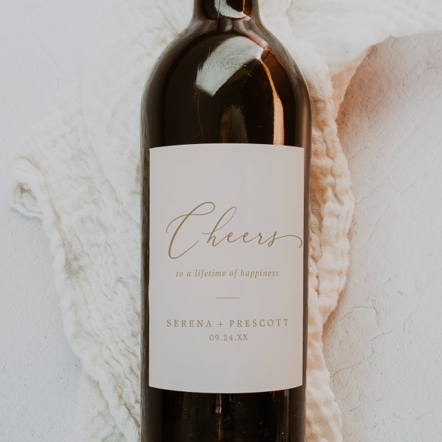 Delicate Gold Calligraphy | Cream Cheers Wedding Wine Label (Creator Uploaded)