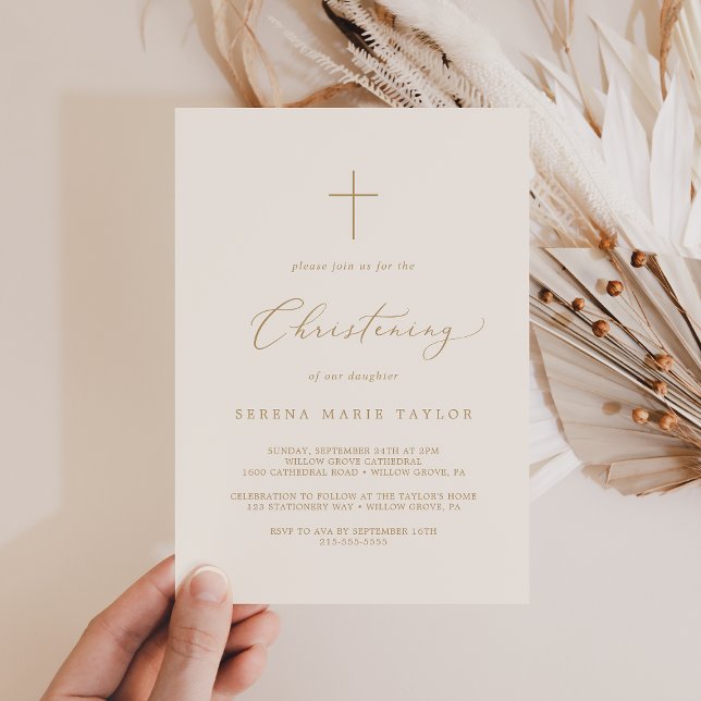 Delicate Gold Calligraphy Cream Cross Christening Invitation (Creator Uploaded)