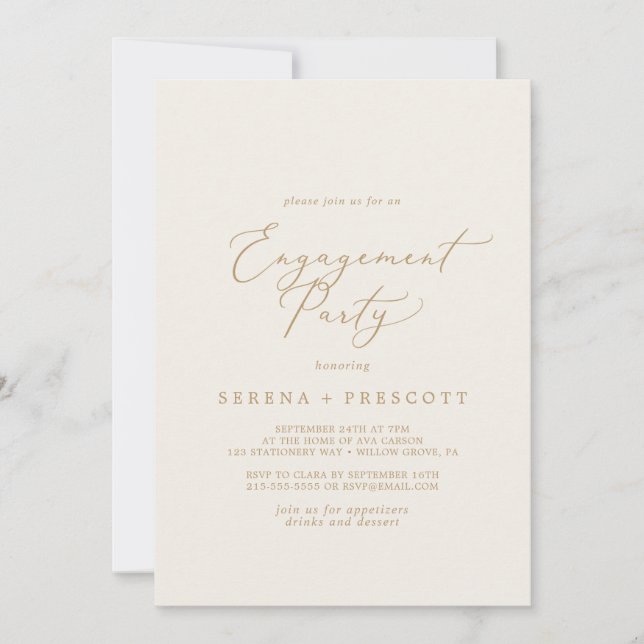 Delicate Gold Calligraphy | Cream Engagement Party Invitation (Front)