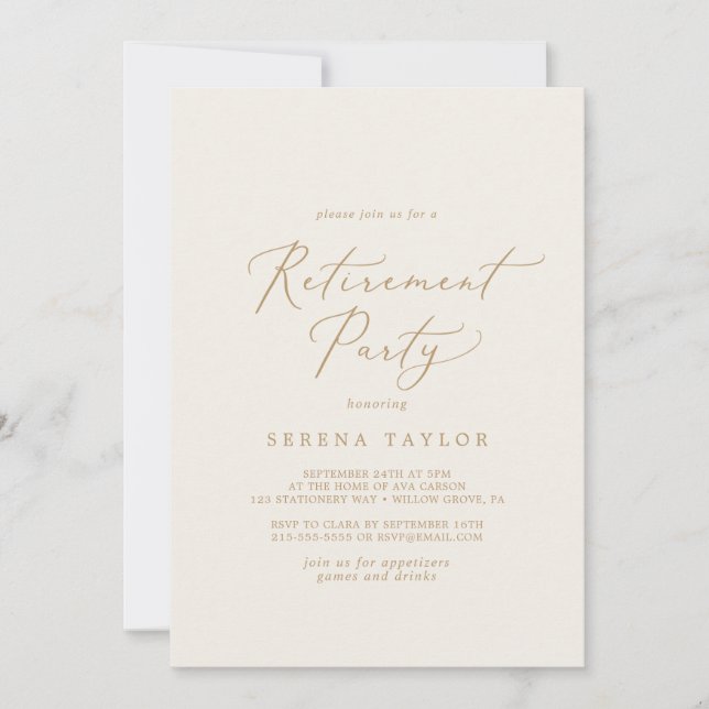 Delicate Gold Calligraphy | Cream Retirement Party Invitation (Front)