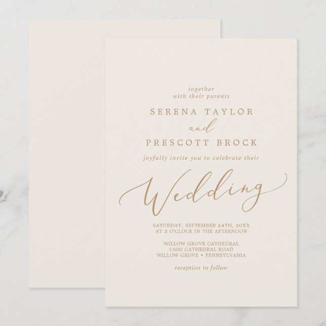 Delicate Gold Calligraphy | Cream Wedding Invitation (Front/Back)