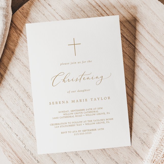 Delicate Gold Calligraphy Cross Christening Invitation (Creator Uploaded)
