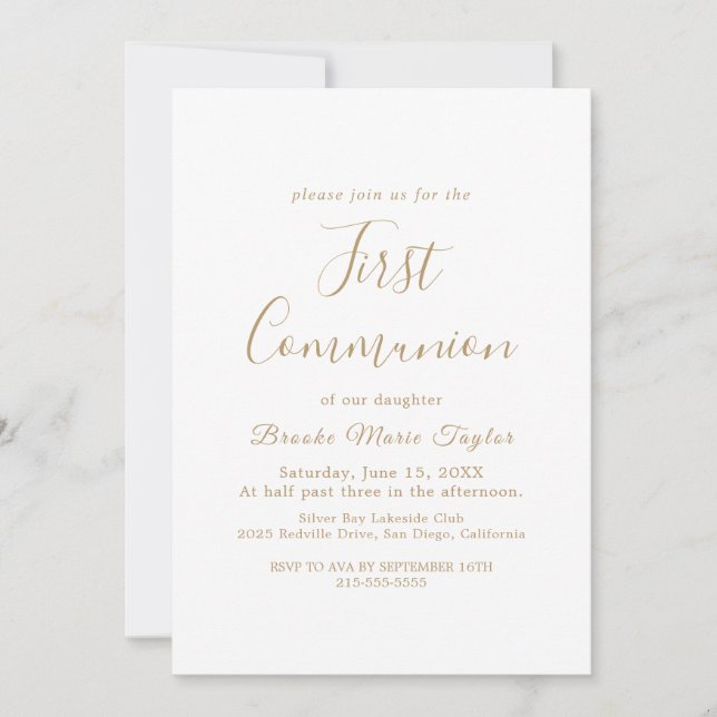 Delicate Gold Calligraphy First Communion  Invitation (Front)