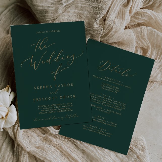 Delicate Gold Calligraphy Green All In One Wedding Invitation (Creator Uploaded)
