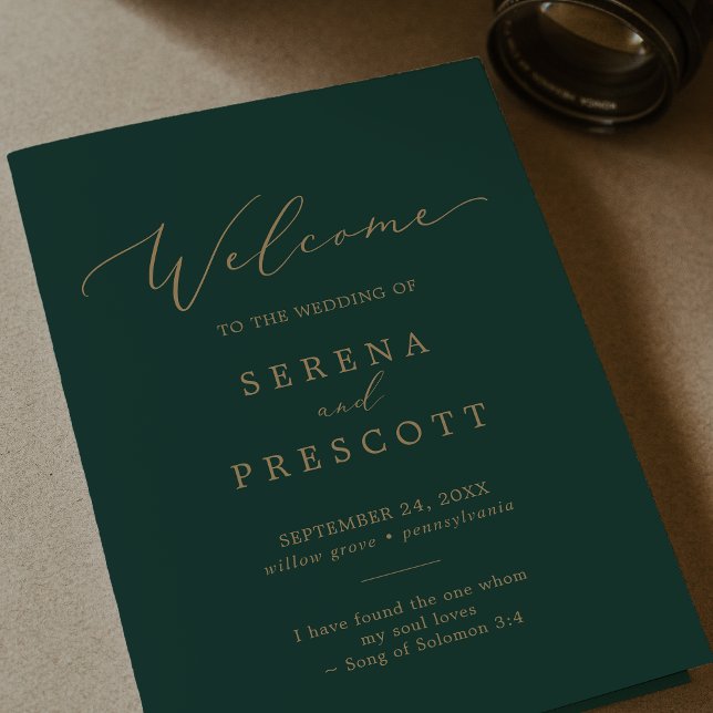 Delicate Gold Calligraphy | Green Folded Wedding Programme (Creator Uploaded)