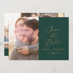 Delicate Gold Calligraphy Green Photo Save The Date