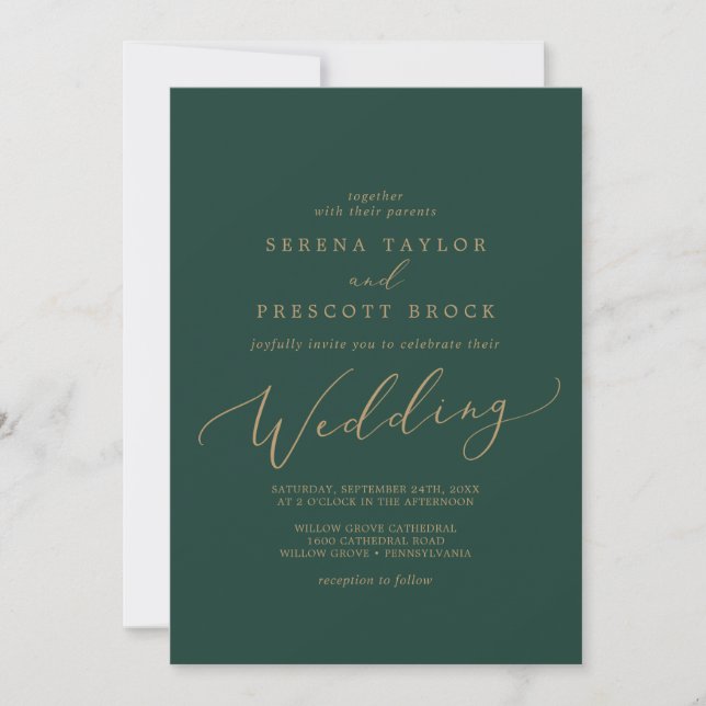 Delicate Gold Calligraphy | Green Wedding Invitation (Front)