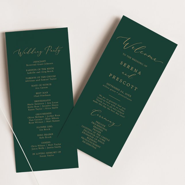 Delicate Gold Calligraphy | Green Wedding Program Programme (Creator Uploaded)
