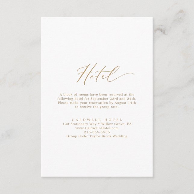 Delicate Gold Calligraphy Hotel Enclosure Card (Front)