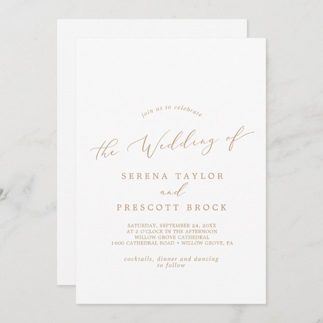 Delicate Gold Calligraphy Monogram Back Wedding Invitation (Front/Back)