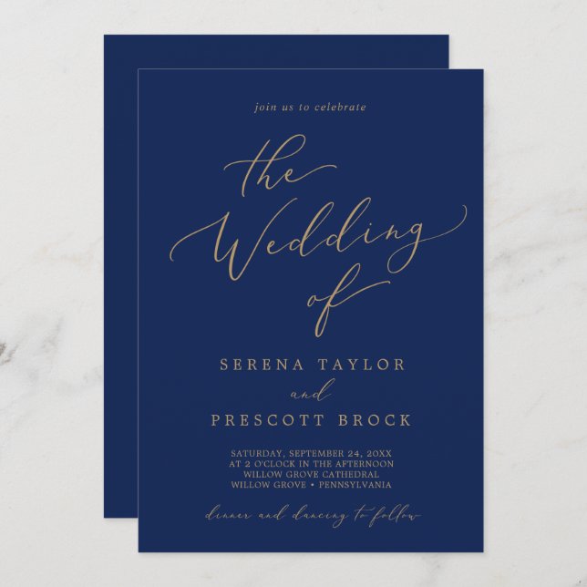 Delicate Gold Calligraphy Navy All In One Wedding Invitation (Front/Back)