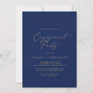 Delicate Gold Calligraphy Navy Engagement Party Invitation