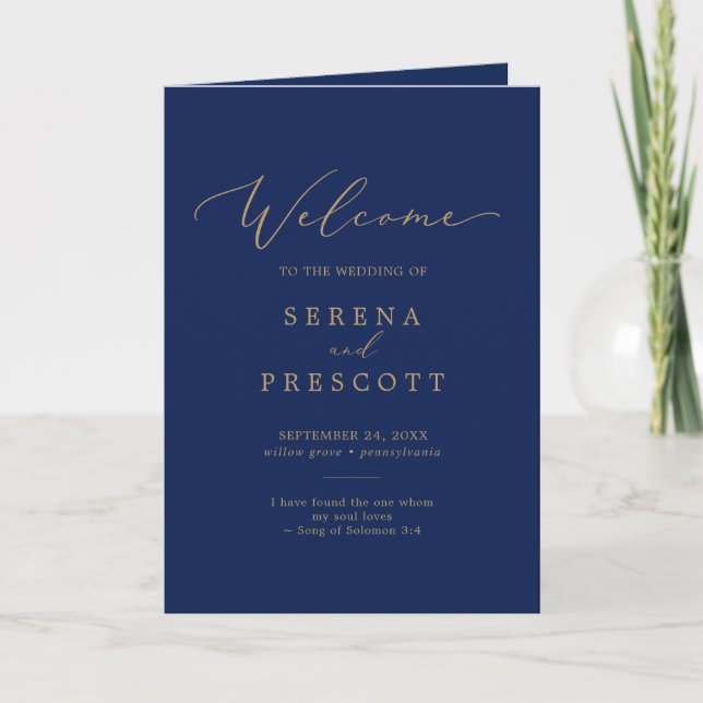 Delicate Gold Calligraphy | Navy Folded Wedding Programme (Front)