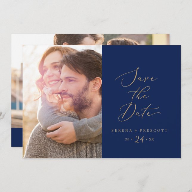 Delicate Gold Calligraphy | Navy Photo Save The Date (Front/Back)