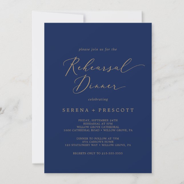 Delicate Gold Calligraphy | Navy Rehearsal Dinner Invitation (Front)