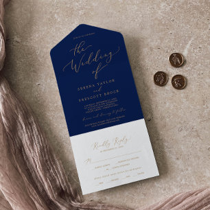Delicate Gold Calligraphy Navy Wedding All In One Invitation