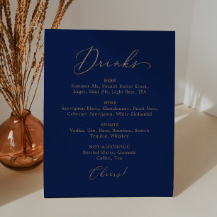 Delicate Gold Calligraphy Navy Wedding Drink Menu Pedestal Sign
