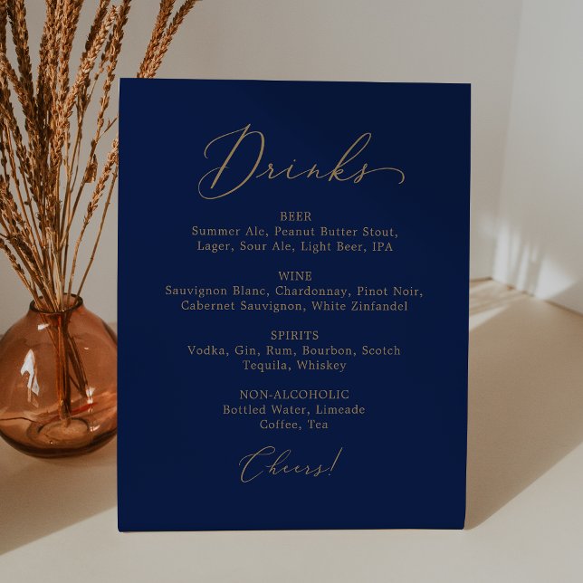 Delicate Gold Calligraphy Navy Wedding Drink Menu Pedestal Sign (Creator Uploaded)