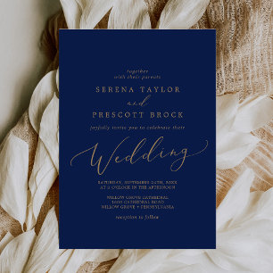 Delicate Gold Calligraphy Navy Wedding Invitation