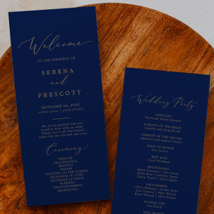 Delicate Gold Calligraphy   Navy Wedding Program Programme