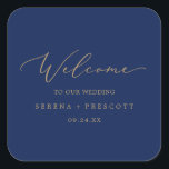 Delicate Gold Calligraphy | Navy Wedding Welcome Square Sticker<br><div class="desc">These delicate gold calligraphy navy wedding welcome stickers are perfect for a modern wedding. The romantic minimalist design features lovely and elegant champagne golden yellow typography on a navy blue background with a clean and simple look. Personalise these stickers with the location of your wedding, names, and wedding date. These...</div>